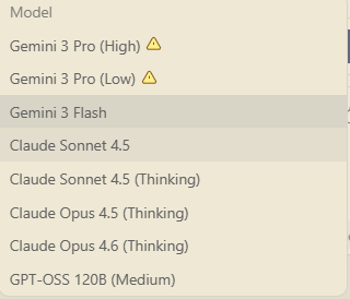 Google Antigravityのモデル選択画面